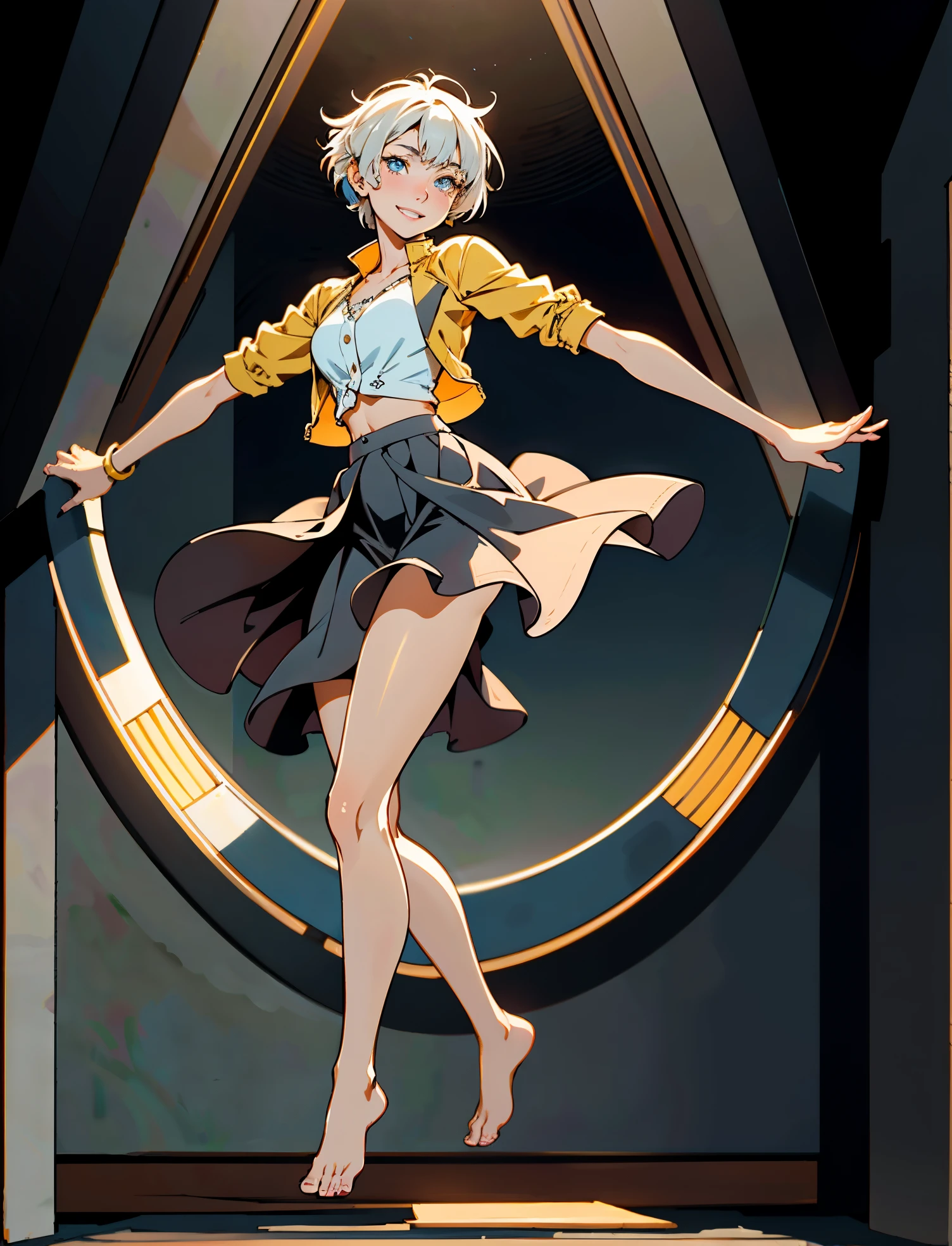 A girl with short gray hair, bright eyes, a cheerful smile, a joyful expression, a slender figure, a two-piece fantasy-realistic style jacket, short skirt that matching the outfit, barefoot, she happily leaps in front of a fantasy-style ancient ritual building, bright and soft color, this character embodies a finely crafted fantasy-realistic style girl in anime style, exquisite and mature manga art style, high definition, best quality, highres, ultra-detailed, ultra-fine painting, extremely delicate, professional, anatomically correct, symmetrical face, extremely detailed eyes and face, high quality eyes, creativity, RAW photo, UHD, 8k, Natural light, cinematic lighting, masterpiece-anatomy-perfect, masterpiece:1.5