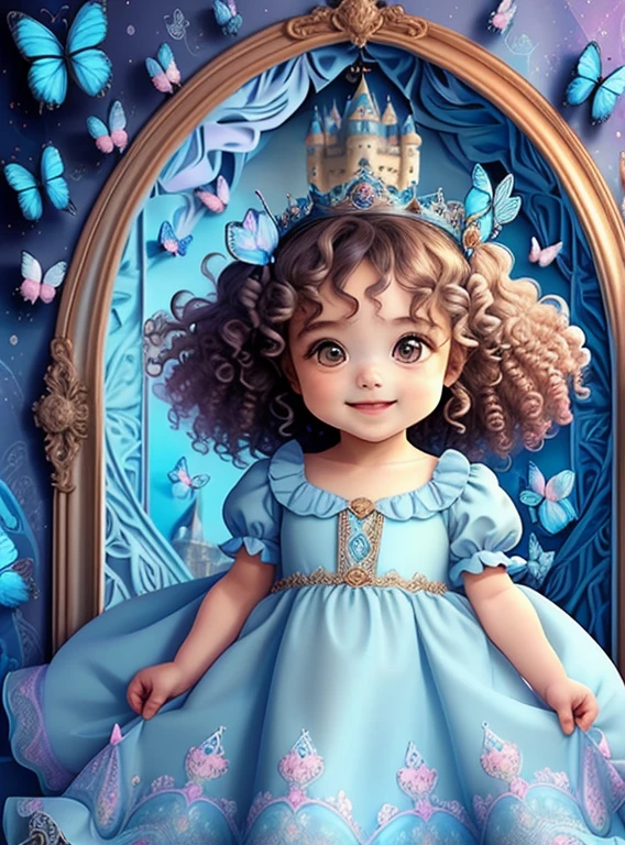 (cute  with curly hair smiling with a blue princess dress, butterflies and a castle), Munchkin ,Geometric multidimensional wall portrait, livro de arte, Tchibi,
Yang08k, Beautiful, Colouring,
Obras, of the highest quality, best quality, Arte Oficial, Beautiful and Aesthetic,