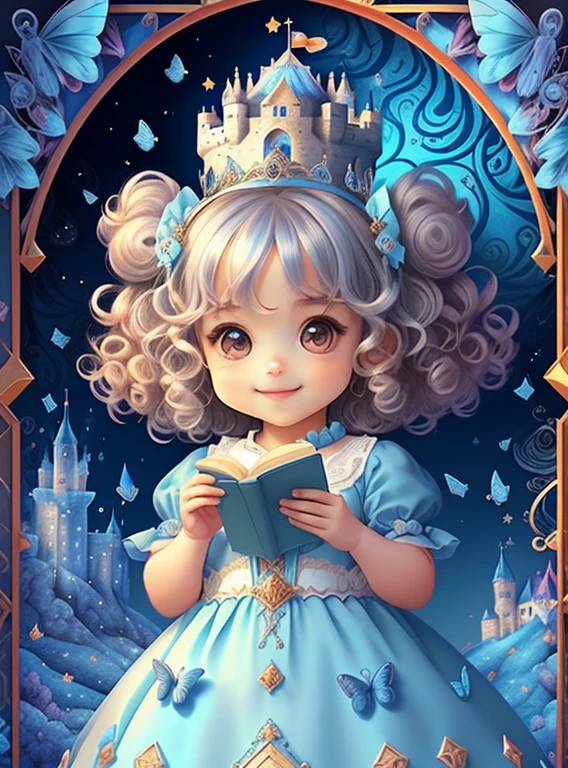 (cute baby girl with curly hair smiling with a blue princess dress, butterflies and a castle), Munchkin ,Geometric multidimensional wall portrait, livro de arte, Tchibi,
Yang08k, Beautiful, Colouring,
Obras, of the highest quality, best quality, Arte Oficial, Beautiful and Aesthetic,