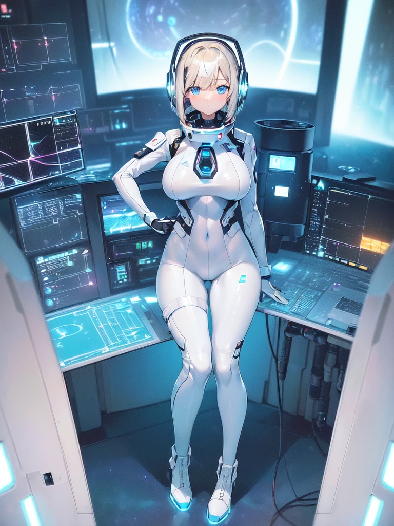masterpiece:1.4, 1girl in ((20yr old, Wearing a futuristic white and silver costume, Tight Fit Bodysuit, long boots, Very gigantic-breasts, Multicolored blonde hair, a short bob, Perfect model body, Blue eyes:1.2, Wearing headphones, Looking out the window of the futuristic sci-fi space station、While admiring the beautiful galaxy:1.2, SFSF control room on night background:1.1, Neon and energetic atmosphere:1.2)) ((Galaxy))