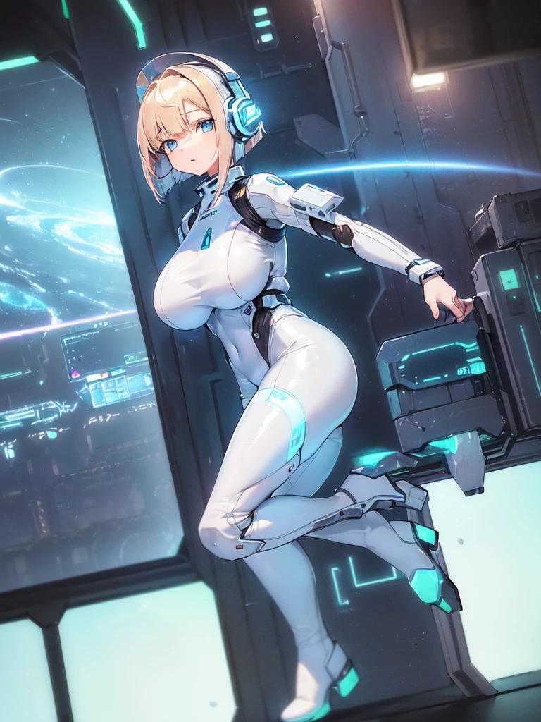 masterpiece:1.4, 1girl in ((20yr old, Wearing a futuristic white and silver costume, Tight Fit Bodysuit, long boots, Very gigantic-breasts, Multicolored blonde hair, a short bob, Perfect model body, Blue eyes:1.2, Wearing headphones, Looking out the window of the futuristic sci-fi space station、While admiring the beautiful galaxy:1.2, SFSF control room on night background:1.1, Neon and energetic atmosphere:1.2)) ((Galaxy))