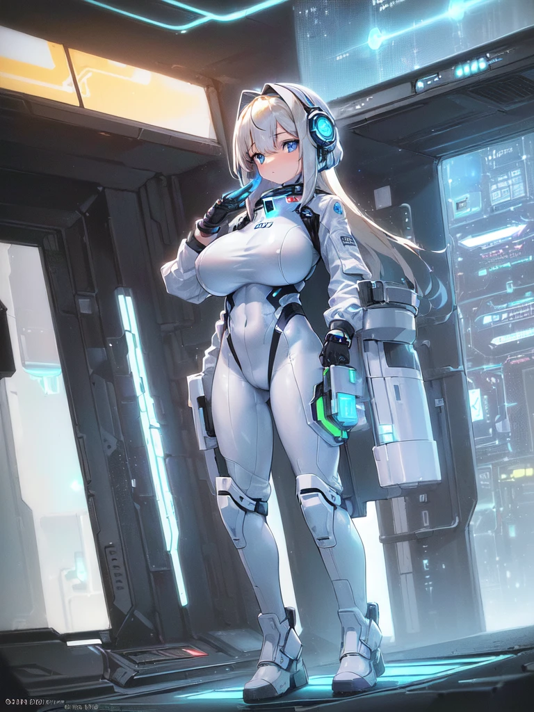 ​masterpiece:1.4, 1girl in ((20yr old, Wearing a futuristic white and silver costume, Tight Fit Bodysuit, long boots, Very gigantic-breasts, Multicolored blonde hair, a short bob, Perfect model body, Blue eyes:1.2, Wearing headphones, Looking out the window of the futuristic sci-fi space station、While admiring the beautiful galaxy:1.2, SFSF control room on night background:1.1, Neon and energetic atmosphere:1.2)) ((Galaxy))