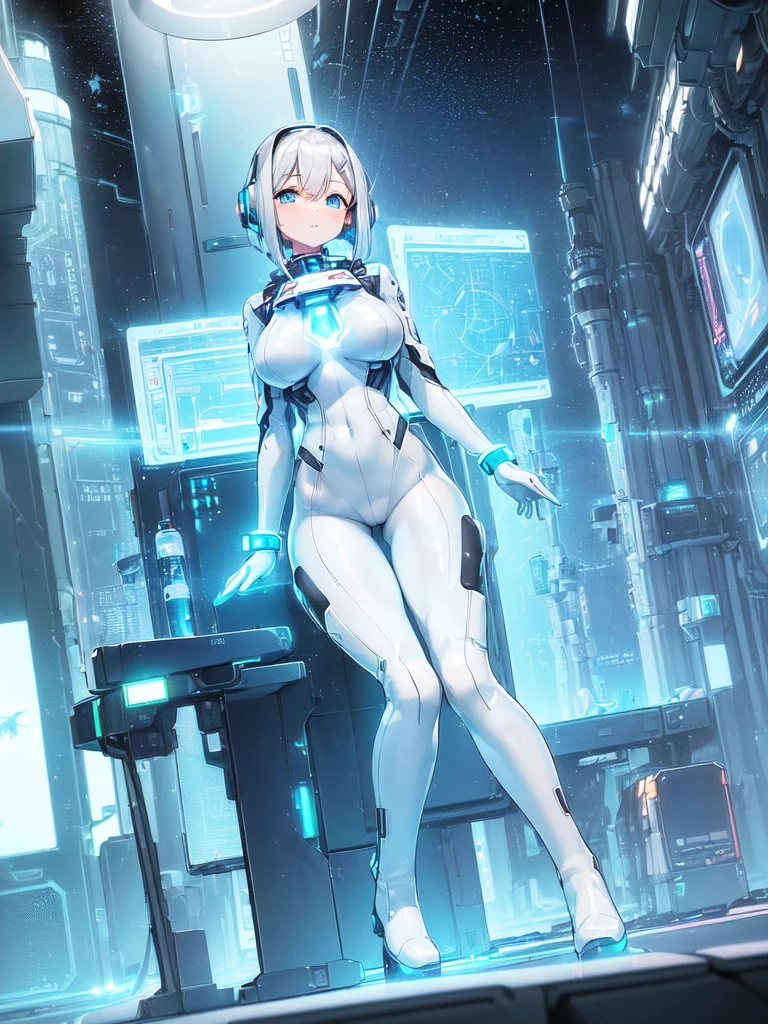 masterpiece:1.4, 1girl in ((20yr old, Wearing a futuristic white and silver costume, Tight Fit Bodysuit, long boots, Very gigantic-breasts, Multicolored blonde hair, a short bob, Perfect model body, Blue eyes:1.2, Wearing headphones, Looking out the window of the futuristic sci-fi space station、While admiring the beautiful galaxy:1.2, SFSF control room on night background:1.1, Neon and energetic atmosphere:1.2)) ((Galaxy))