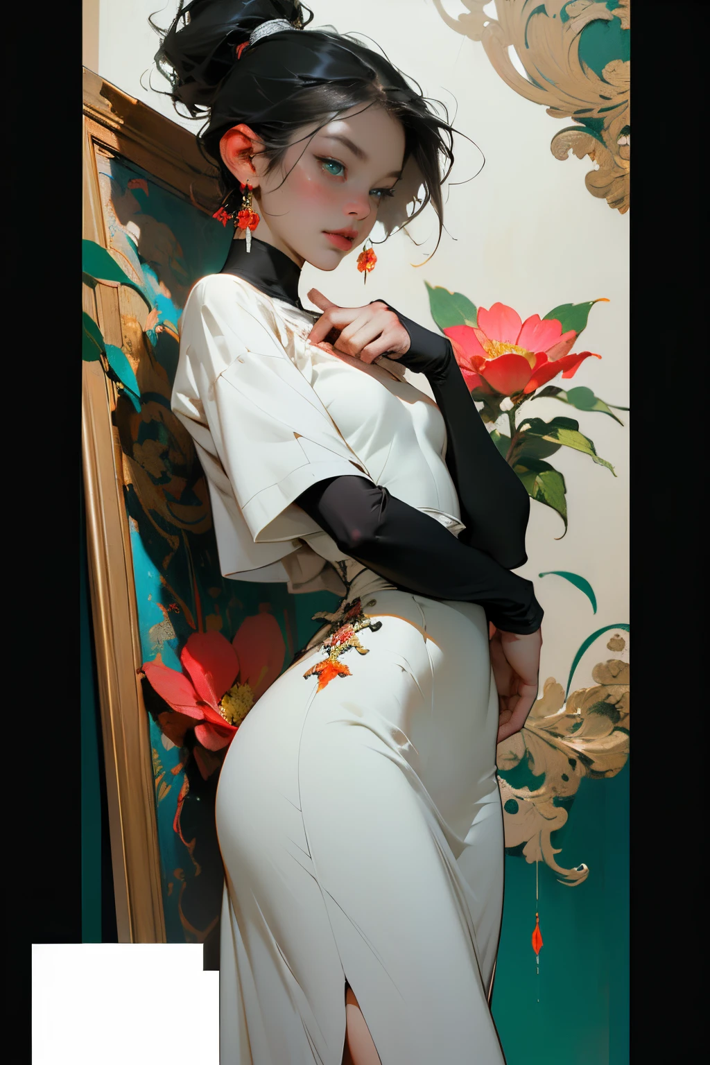 Flat tattoo effect design, Ashley Alexiss Japanese beautiful woman ponytail ultra detailed black hairstyle, (beautiful and clear background: 1.2), fantastic paintings, ultra detailed graffit style, flowers, a t-shirt or dress with a white blouse underneath future ultra detailed gacha, position, stained glass color, fantastic paintings by Joe Madureira, high quality, ultra detailed adhesive art,  ultra-detailed beautiful woman, , soul, digital illustration, comic style, perfect anatomy, ultra-detailed large chest, centered, approaching perfection, dynamic, highly detailed, ultra-detailed watercolor painting, artstation, ultra-detailed concept art, smooth, sharp focus, illustration, art by flesh griffiths and wadim kashin,, anime girl pose alone, short pastel hair, heterochromia, perfect anatomy, centered, approaching perfection, dynamic,  Highly detailed, character sheet, artstation, concept art, smooth, sharp focus, Illustration, art by Kim Jung Gi, Alphonse Mucha Style, Artgerm, Flesh Griffiths and Wadim Kashin, Sasha Yakovleva, Loish, Jeremy Mann, Full Body Shot Dresses Party Ultradetailed, Character Sheet, Lightningwave, Beautiful Anime Watercolor Painting, Paint Dripping by Tim Okamura, Victor Nizovtsev, Greg Rutkowski, Noah Bradley. trend in artstation, 8k, masterpiece, graffiti painting, fine detail, full of color, intricate detail, golden proportion, maximum colors, illustration, monochrome green background, masterpiece, best quality, high quality, highres, best quality, high resolution correction, amazing bright lighting, detail enhancement, detail enhancement, various movements and pose, best quality, high quality, highres, detail enhancement,  fantastic atmosphere, hyper quality, anime, , fantastic paintings, 4k, masterpiece, highres, absurdres, natural volumetric lighting and best shadows, depth of field, sharp focus, 4k, masterpiece, highr