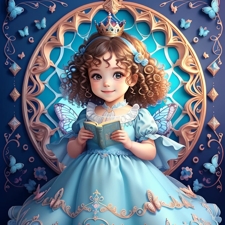 (cute baby girl with curly hair smiling with a blue princess dress, butterflies and a castle), Munchkin ,Geometric multidimensional wall portrait, livro de arte, Tchibi,
Yang08k, Beautiful, Colouring,
Obras, of the highest quality, best quality, Arte Oficial, Beautiful and Aesthetic,