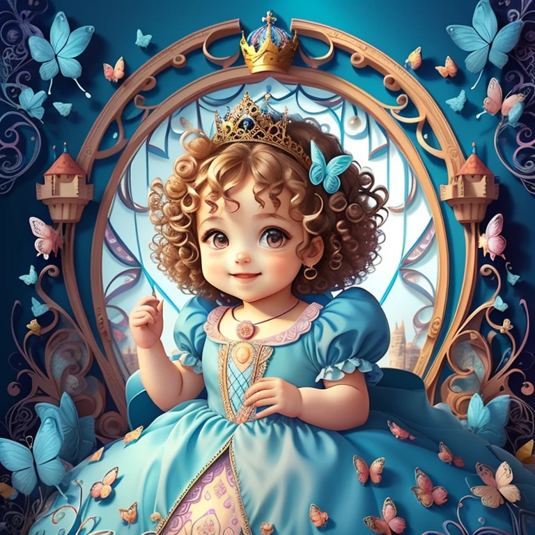 (cute baby girl with curly hair smiling with a blue princess dress, butterflies and a castle), Munchkin ,Geometric multidimensional wall portrait, livro de arte, Tchibi,
Yang08k, Beautiful, Colouring,
Obras, of the highest quality, best quality, Arte Oficial, Beautiful and Aesthetic,
