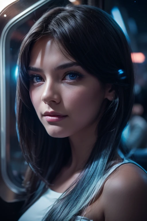(a girl, 16 years old), Hermosos ojos azules, Beautiful, Mirada curiosa, cabello azul con reflejos rosados, ropa azul futurista, (En pie), en una nave espacial muy futurista, ((looking at the universe through a window )), 8k UHD, Cinematographic photo, Hiperrealista, Science-Fiction, cuerpo completo, delgado.