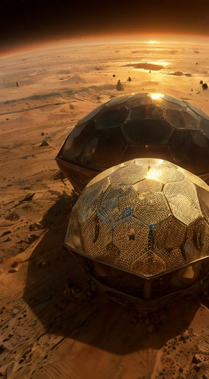 Mars surface covered in hexagons. These hexagons have massively tall domes, inside these domes are massive city's. There are six of these city's all connected, we are being the citys from above high in the atmosphere of Mars atmosphere