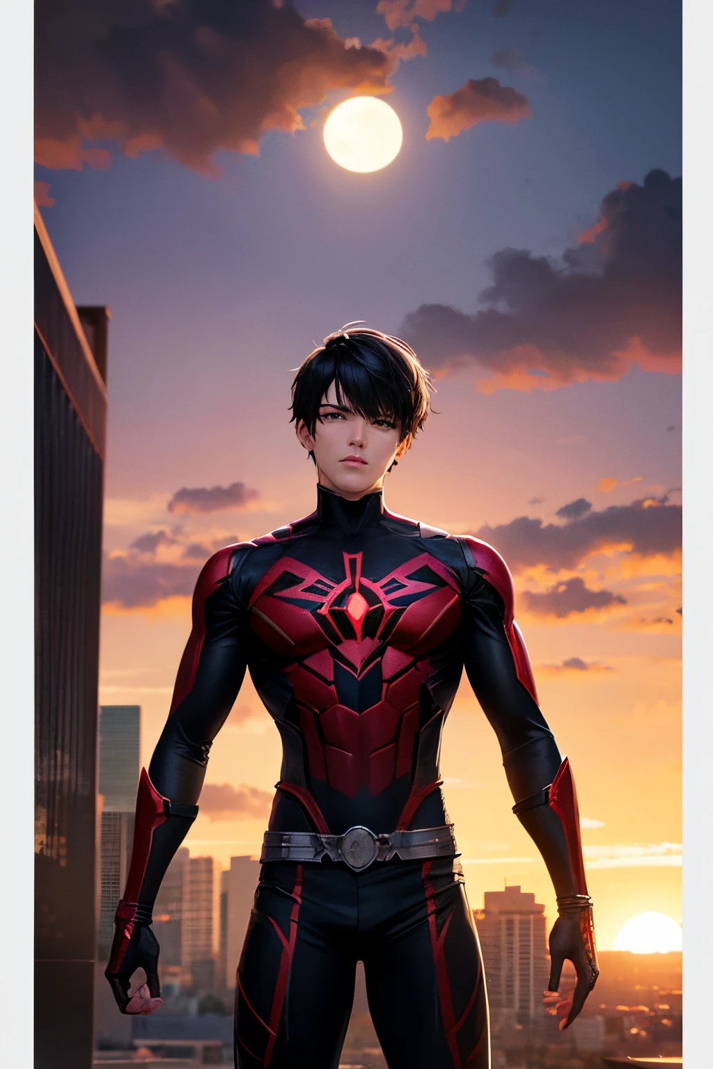 painel comic spiderverso Marvel manwha, hero boy black hair, cabelos fom mechas vermelhas, cabelo corte mullet, olhos castanhos, roupa do homem aranha vermelha preta e branca, building terrace, usando coturno preto por do sol