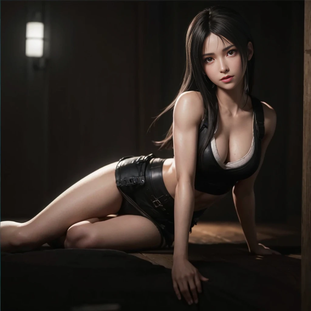 (best quality,ultra-detalhado),(Realistic:1.37),Tifa Lockhart, Rosto bonito e detalhado, maquiagem preta nos olhos, textura ultra realista, expression serious, rosto delicado, corpo delicado, Fit physique, usando batom e brilho labial