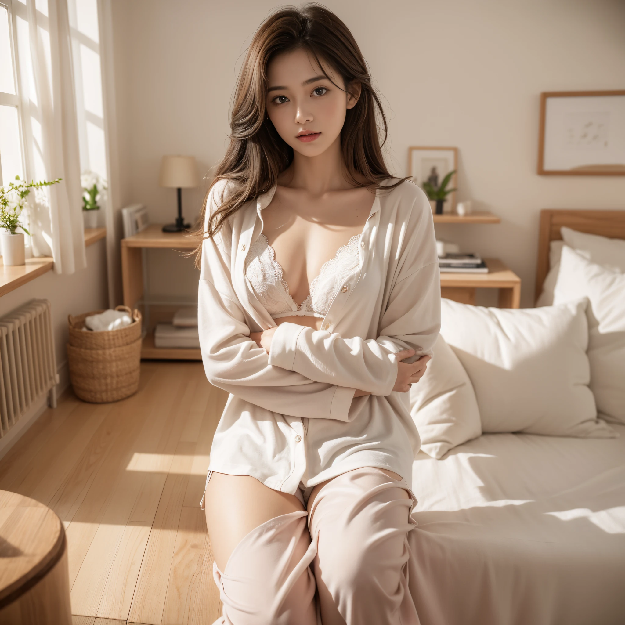 (Raw photo:1.2), (Photorealistic), Beautiful detailed girl, Very detailed eyes and face, Beautiful detailed eyes, Huge file size, High resolution, Very detailed, Best Quality, [masutepiece:1.6], Illustration, Very detailed, Fine detail, Best Quality, 8K Wallpaper, Movie Lighting,15-year-old sister,livingroom, Sleepy look, Unkempt hair, pajamas, pajama shirt open, White bra , Her pajama pants are hanging down and her panties are showing., white  panties, Slim body, Young Face, Smaller chest, Immature body,