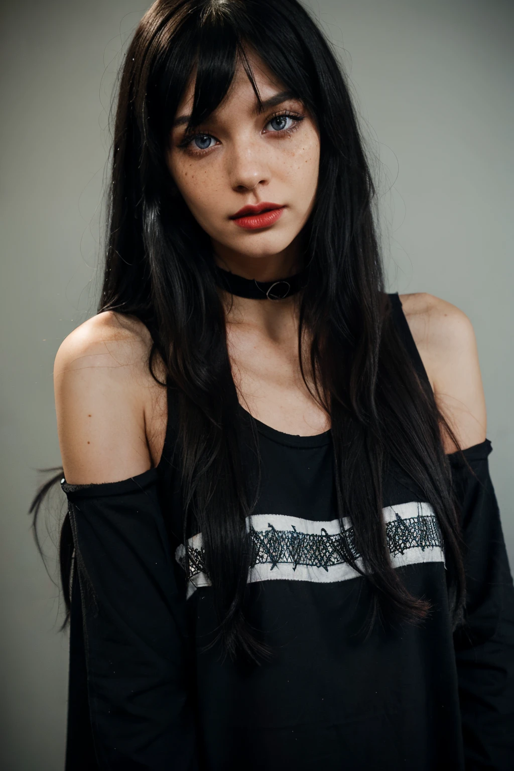 black long hair with fringe, blue eyes, red lips, high cheekbones, freckles, emo outfit