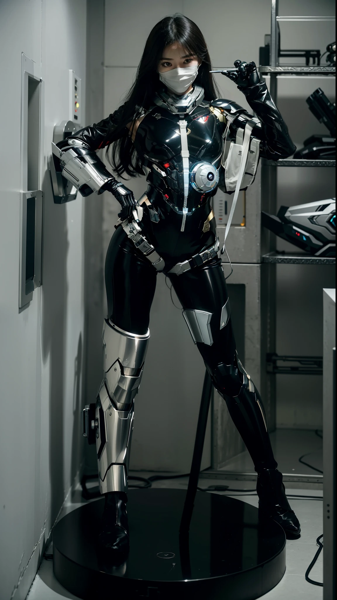 score_9, score_8_up, score_7_up, photo, photorealistic, Gorgeous sexy muscular (skinny) cyborg girl, (white eyes, black sclera:1.5), (full cyborg mechaExosuit:1.45), (black metallic cyborg arms, legs, thighs, & torso:1.75), goth makeup,  sinozick style, (skinny legs:-1.35), (full body view:1.45), (flat chest, bodybuilder physique:1.45), (cable extensions as hair:1.45), (beautiful girl face:1.25)