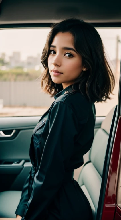 oto hiperrealista no primeiro plano de Kelsey Asbille (Nativo americano ((Pele clara e escura))), master part, melhor qualidade, (fotorrealista:1.4), corpo inteiro contra o pano de Fundo de um estacionamento industrial mal iluminado, parado ao lado de um carro antigo com pintura gasta, the atmosphere evoking a mix of mystery and nostalgia, the girl wearing a jumpsuit, Tem seios grandes,Cinematic light, Beautiful woman, magro, seios grandes e grandes, cabelo longo preto, Rosto detalhado, sorrir, Facing the camera, Photo taken from a distance, idade de 25 anos