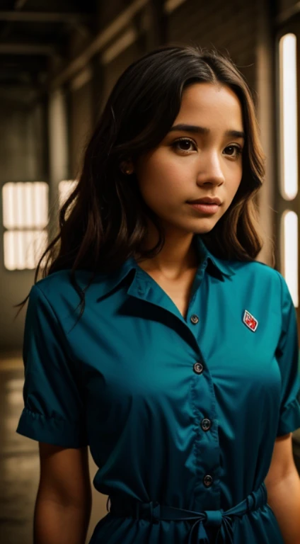 oto hiperrealista no primeiro plano de Kelsey Asbille (Nativo americano ((Pele clara e escura))), master part, melhor qualidade, (fotorrealista:1.4), corpo inteiro contra o pano de Fundo de um estacionamento industrial mal iluminado, parado ao lado de um carro antigo com pintura gasta, the atmosphere evoking a mix of mystery and nostalgia, the girl wearing a jumpsuit, Tem seios grandes,Cinematic light, Beautiful woman, magro, seios grandes e grandes, cabelo longo preto, Rosto detalhado, sorrir, Facing the camera, Photo taken from a distance, idade de 25 anos