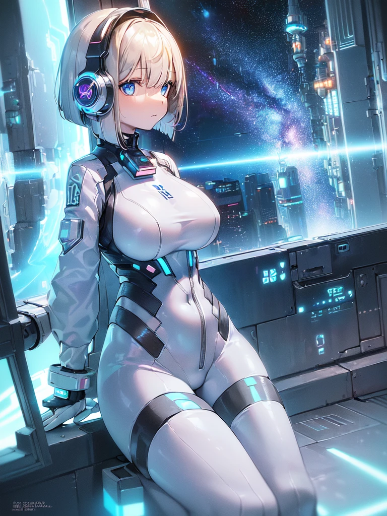 ​masterpiece:1.4, 1girl in ((20yr old, Wearing a futuristic white and silver costume, Tight Fit Bodysuit, long boots, Very gigantic-breasts, Multicolored blonde hair, a short bob, Perfect model body, Blue eyes:1.2, Wearing headphones, Looking out the window of the futuristic sci-fi space station、While admiring the beautiful galaxy:1.2, SFSF control room on night background:1.1, Neon and energetic atmosphere:1.2)) ((Galaxy))