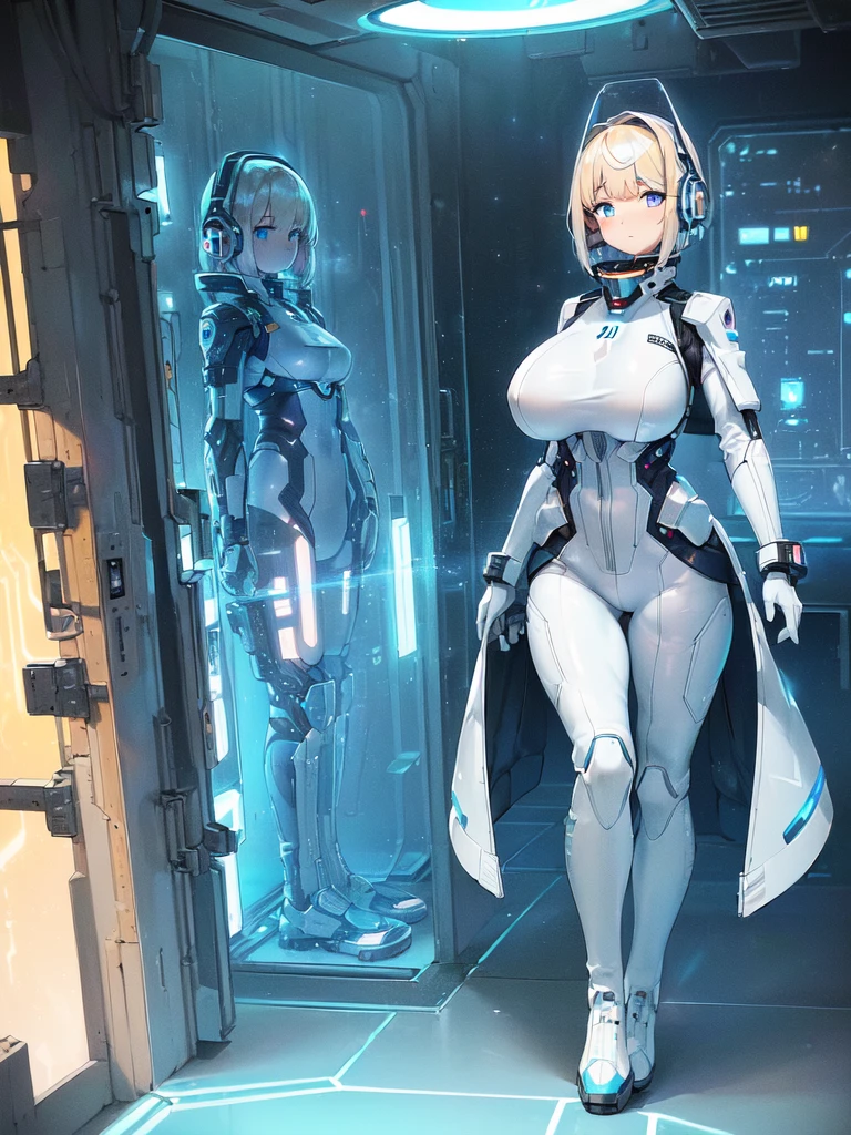 ​masterpiece:1.4, 1girl in ((20yr old, Wearing a futuristic white and silver costume, Tight Fit Bodysuit, long boots, Very gigantic-breasts, Multicolored blonde hair, a short bob, Perfect model body, Blue eyes:1.2, Wearing headphones, Looking out the window of the futuristic sci-fi space station、While admiring the beautiful galaxy:1.2, SFSF control room on night background:1.1, Neon and energetic atmosphere:1.2)) ((Galaxy))