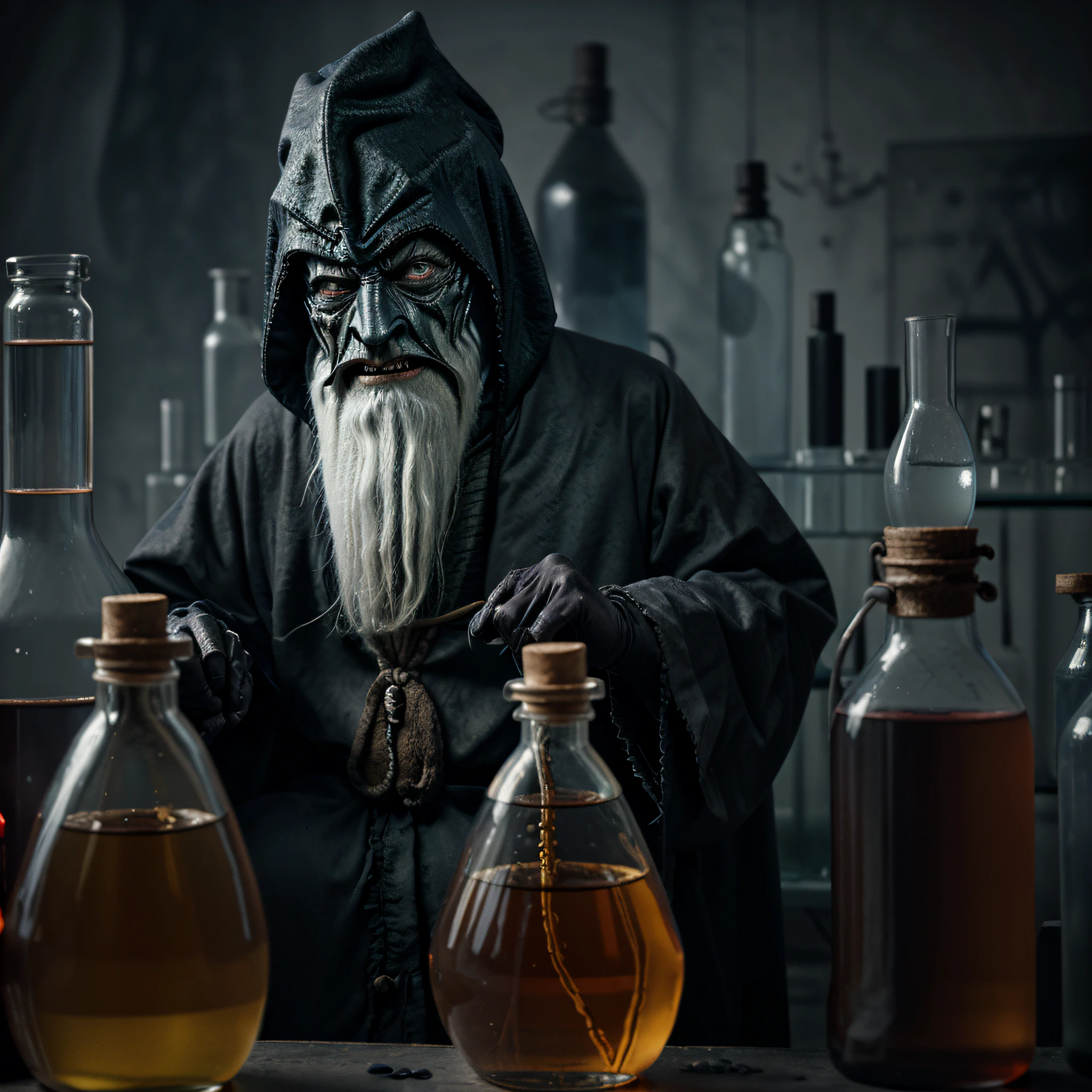 angry old wizard in scary mask in laboratory