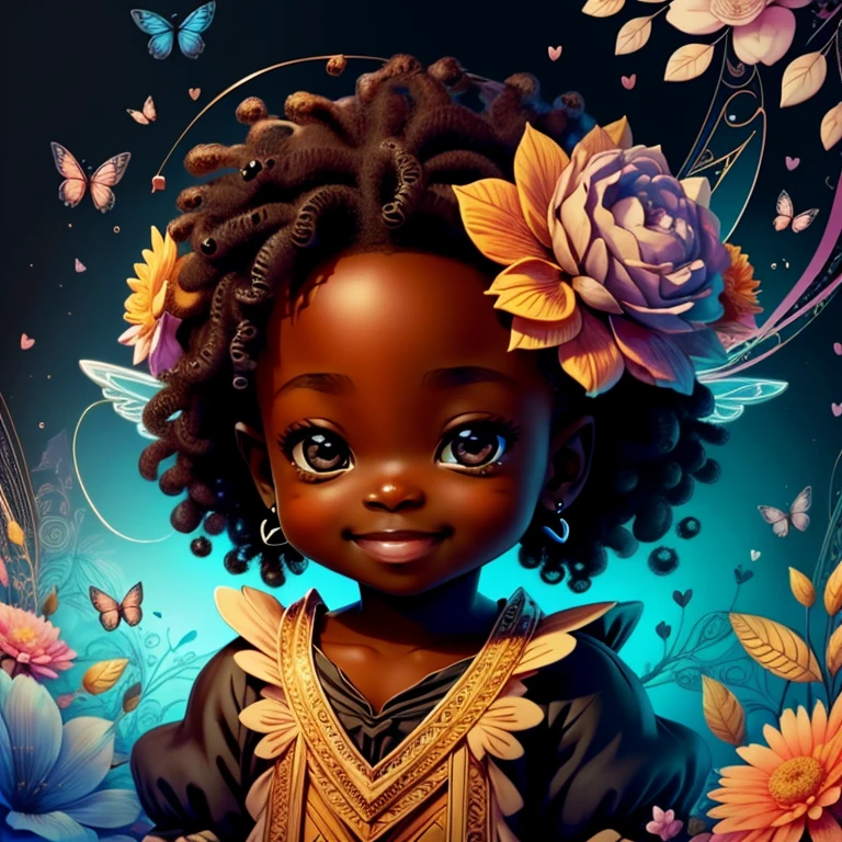 (cute black cupid smiling with flowers and butterflies), Munchkin ,Geometric multidimensional wall portrait, livro de arte, Tchibi,
Yang08k, Beautiful, Colouring,
Obras, of the highest quality, best quality, Arte Oficial, Beautiful and Aesthetic,