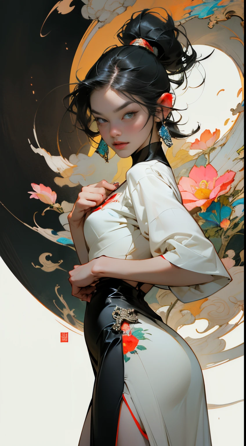 ((Masterpiece, Best quality: 1.2), (Create MAxZenArt!))_((Top quality, oil painting, virtuoso execution, wonderful masters))_((Final fantasy (Yuna),(young girl - 16 years old, nude, full growth, naked body, dark hair, light skin, scarlet lips, smile; black, expressive eyes, long eyelashes))_((Girl with brown hair, dressed; black translucent chiffon dress, gold line, very short peignoir dress , (erotica), (sexuality), (calm relaxed pose, hair fluttering in the wind, half a turn, look at the viewer, stylish girl model))_((Beautiful character painting, soft anime computer graphics, realistic anime art , sexy girl, photorealistic rendering of an anime girl, painting-realism, digital art))_ ((Background- flower garden, pictorial writing, stylized- virtuosic brushwork, graphic, (stunning; flowers lilies, peonies, chrysanthemumodern style)_(High quality, masterpiece)).