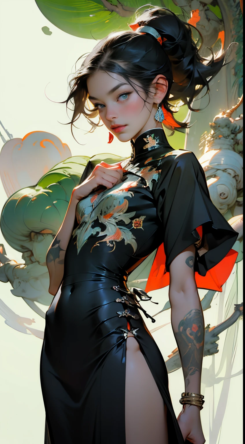 Flat tattoo effect design, Ashley Alexiss Japanese beautiful woman ponytail ultra detailed black hairstyle, (beautiful and clear background: 1.2), fantastic paintings, ultra detailed graffit style, flowers, a t-shirt or dress with a white blouse underneath future ultra detailed gacha, position, stained glass color, fantastic paintings by Joe Madureira, high quality, ultra detailed adhesive art,  ultra-detailed beautiful woman, , soul, digital illustration, comic style, perfect anatomy, ultra-detailed large chest, centered, approaching perfection, dynamic, highly detailed, ultra-detailed watercolor painting, artstation, ultra-detailed concept art, smooth, sharp focus, illustration, art by flesh griffiths and wadim kashin,, anime girl pose alone, short pastel hair, heterochromia, perfect anatomy, centered, approaching perfection, dynamic,  Highly detailed, character sheet, artstation, concept art, smooth, sharp focus, Illustration, art by Kim Jung Gi, Alphonse Mucha Style, Artgerm, Flesh Griffiths and Wadim Kashin, Sasha Yakovleva, Loish, Jeremy Mann, Full Body Shot Dresses Party Ultradetailed, Character Sheet, Lightningwave, Beautiful Anime Watercolor Painting, Paint Dripping by Tim Okamura, Victor Nizovtsev, Greg Rutkowski, Noah Bradley. trend in artstation, 8k, masterpiece, graffiti painting, fine detail, full of color, intricate detail, golden proportion, maximum colors, illustration, monochrome green background, masterpiece, best quality, high quality, highres, best quality, high resolution correction, amazing bright lighting, detail enhancement, detail enhancement, various movements and pose, best quality, high quality, highres, detail enhancement,  fantastic atmosphere, hyper quality, anime, , fantastic paintings, 4k, masterpiece, highres, absurdres, natural volumetric lighting and best shadows, depth of field, sharp focus, 4k, masterpiece, highr