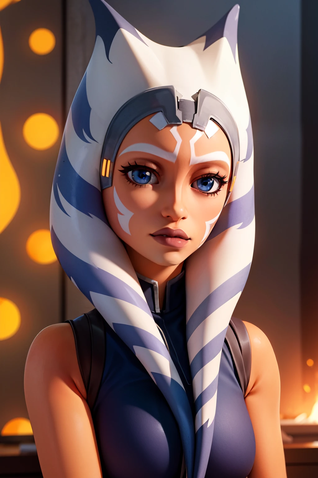 (masterpiece, best quality, ultra-detailed), AhsokaTano, (orange skin:1.2), blue eyes, makeup, blue shirt, hip armor, (portrait shot, upper body), looking at viewer