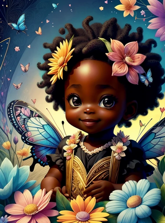 (cute black  cupid smiling with flowers and butterflies), Munchkin ,Geometric multidimensional wall portrait, livro de arte, Tchibi,
Yang08k, Beautiful, Colouring,
Obras, of the highest quality, best quality, Arte Oficial, Beautiful and Aesthetic,