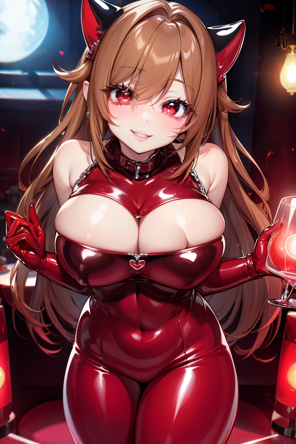 blush, cleavage,glowing aura, natural light, masterpiece, glossy skin, juicy lips , ,sexy, hot, , cleavage, evil,juicy lips, bimbo, hour glass, brown hair, red eyes, wide eyes, red eyes, massive boobs, long hair, chains, shadow in eyes, bright blush, heart in eyes, ,((wide smile)),, brainwash,, standing, latex, amber lighting, brown hair, latex suit, kawaii eyes