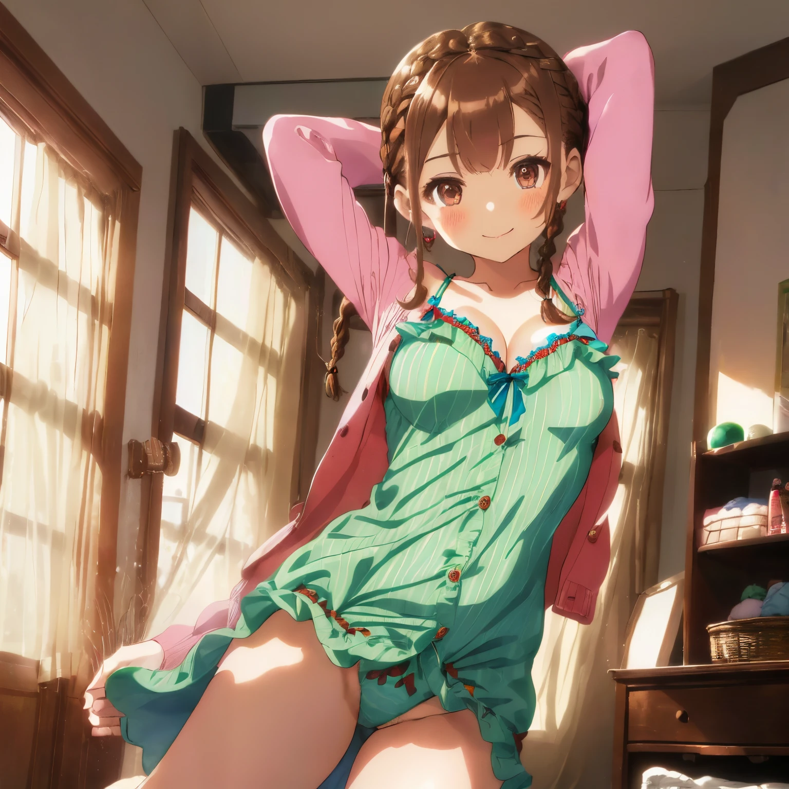 ((Brown hair)),((Braided shorthair)),(With black eyes))),(With bangs)),Slight red tide,(Pajama long sleeve cardigan clothes with lots of frills),((all green and blue)),(Colorful, Cute camisole),(Striped pattern),(The chest is boldly opened and the cleavage is glimpsed),(fairy tale cute platform sneakers),((Colorful and pop world view)),(((The body shape is slender))),((jumpy)),(((stretch in the room))),(Kamime Heath Smile),(close up of face)((Sleeveless Nightgown)),((maxi length clothes)),((Long enough for the hem of the clothes to touch the ground)),(room style),nsfw