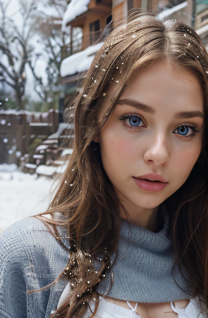 arafed woman fully, with blue eyes, ultra realistic, meticulously detailed, portrait sophie mudd, blonde hair and large eyes, selfie of a young woman, beach eyes, violet myers, with makeup, natural makeup, a face with artgram, subtle makeup, stunning full body shot, medium to large size bust, small breasts, winter outfit, walking in the snow