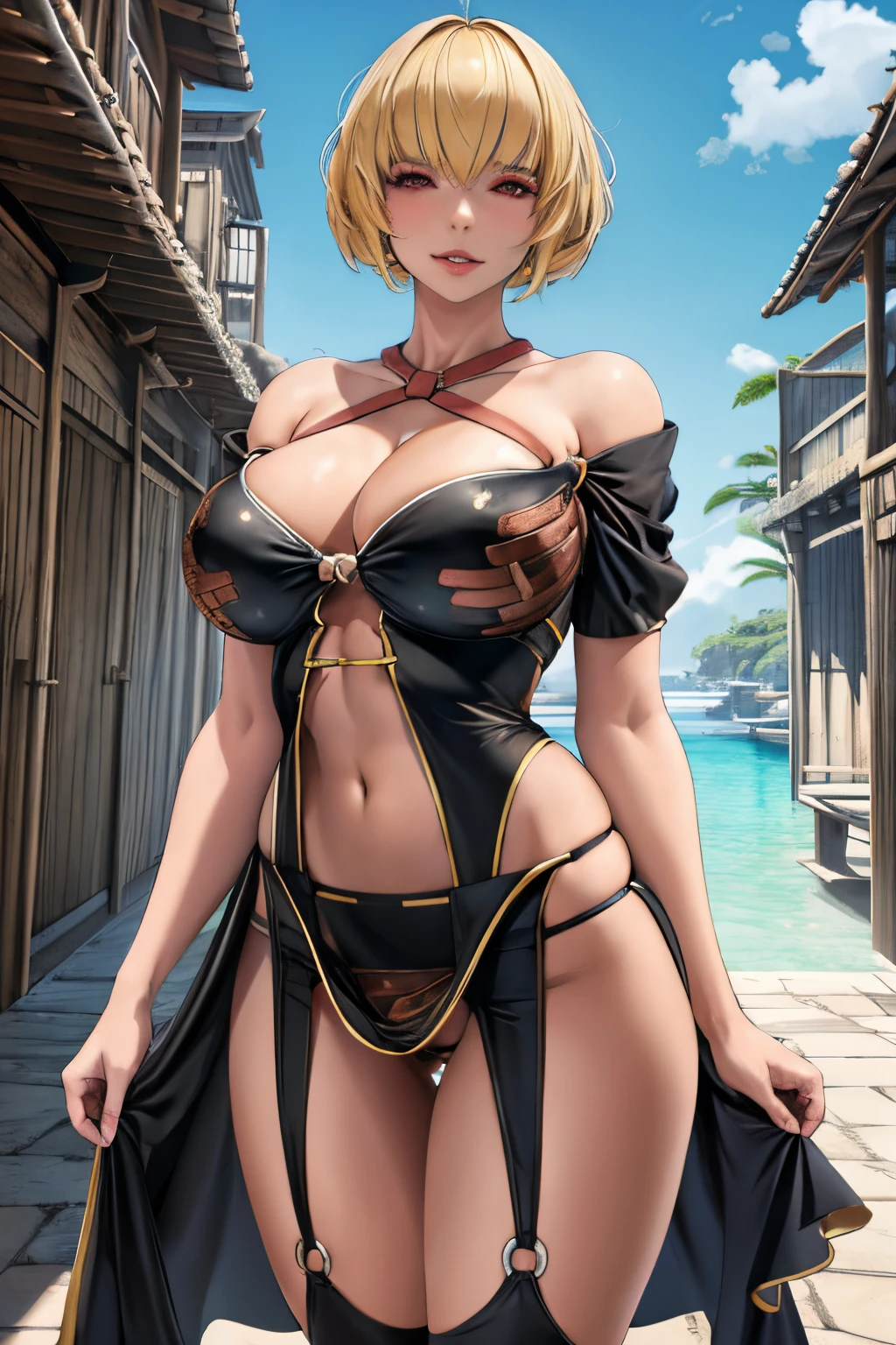 1girl, corpo perfeito, rosto bonito, roupa de banho, Vestido de cruz, rua, Casas, bswimsuit, detailed cenary, Perfect setting, fundo perfeito, master part, Focus behind, Arte Digital