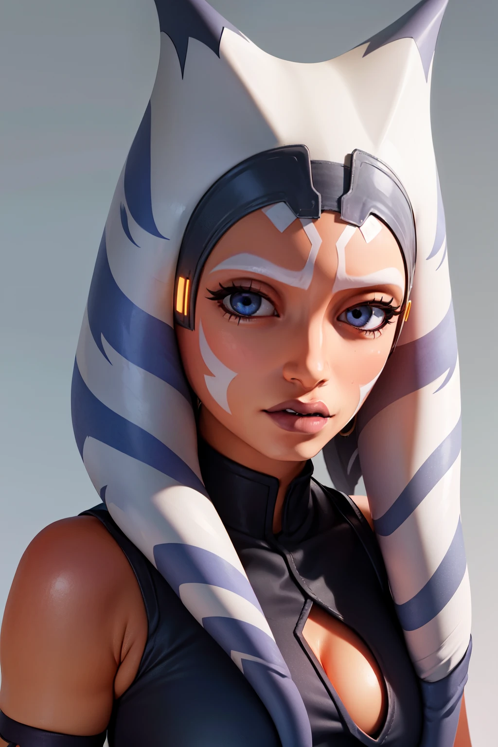 (masterpiece, best quality, ultra-detailed), AhsokaTano, (orange skin:1.2), blue eyes, makeup, (blue shirt:1.2), hip armor, (portrait shot, upper body), looking at viewer