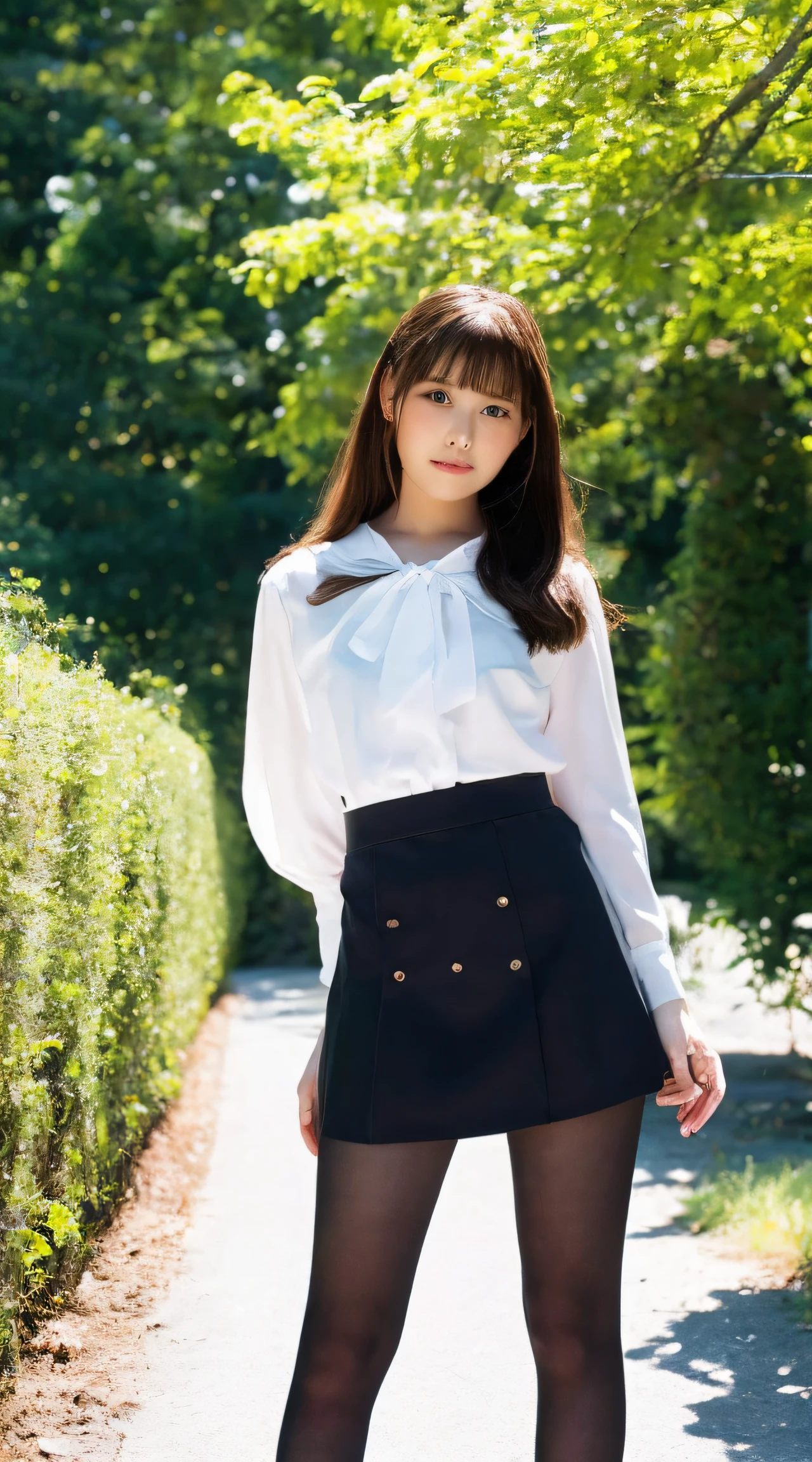 (Best Quality, masutepiece, Ultra HD: 1.3, High brightness, High color saturation), 1girl in, 24 year old,（Beautiful legs:2.0),（Full body figure:2.0）,straight haired, Long hair, （hide one's hands:2.0） See-through white blouse, （Black tight skirt:1.5）,（Black stockings）, (a japanese girl, hposing Gravure Idol), Broad-leaved forest, 135 mm, Fuji Film,