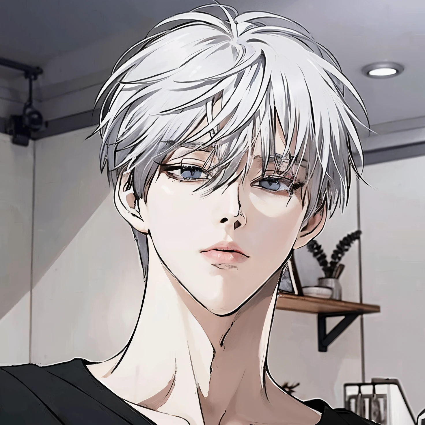There was a man with slightly messy white hair and black clothes with cynical eyes