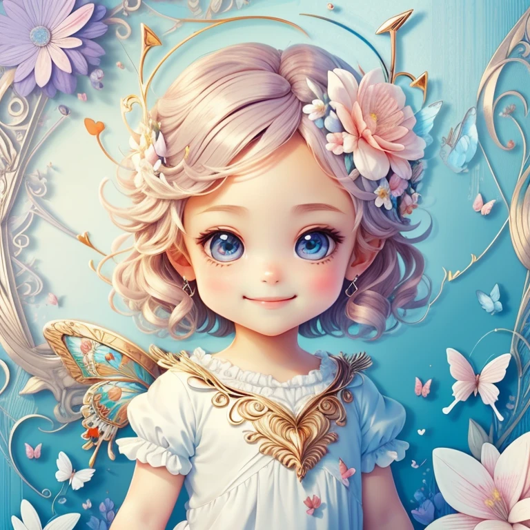 (cute cupid smiling with flowers and erflies), Munchkin ,Geometric multidimensional wall portrait, livro de arte, Tchibi,
Yang08k, Beautiful, Colouring,
Obras, of the highest quality, best quality, Arte Oficial, Beautiful and Aesthetic,
