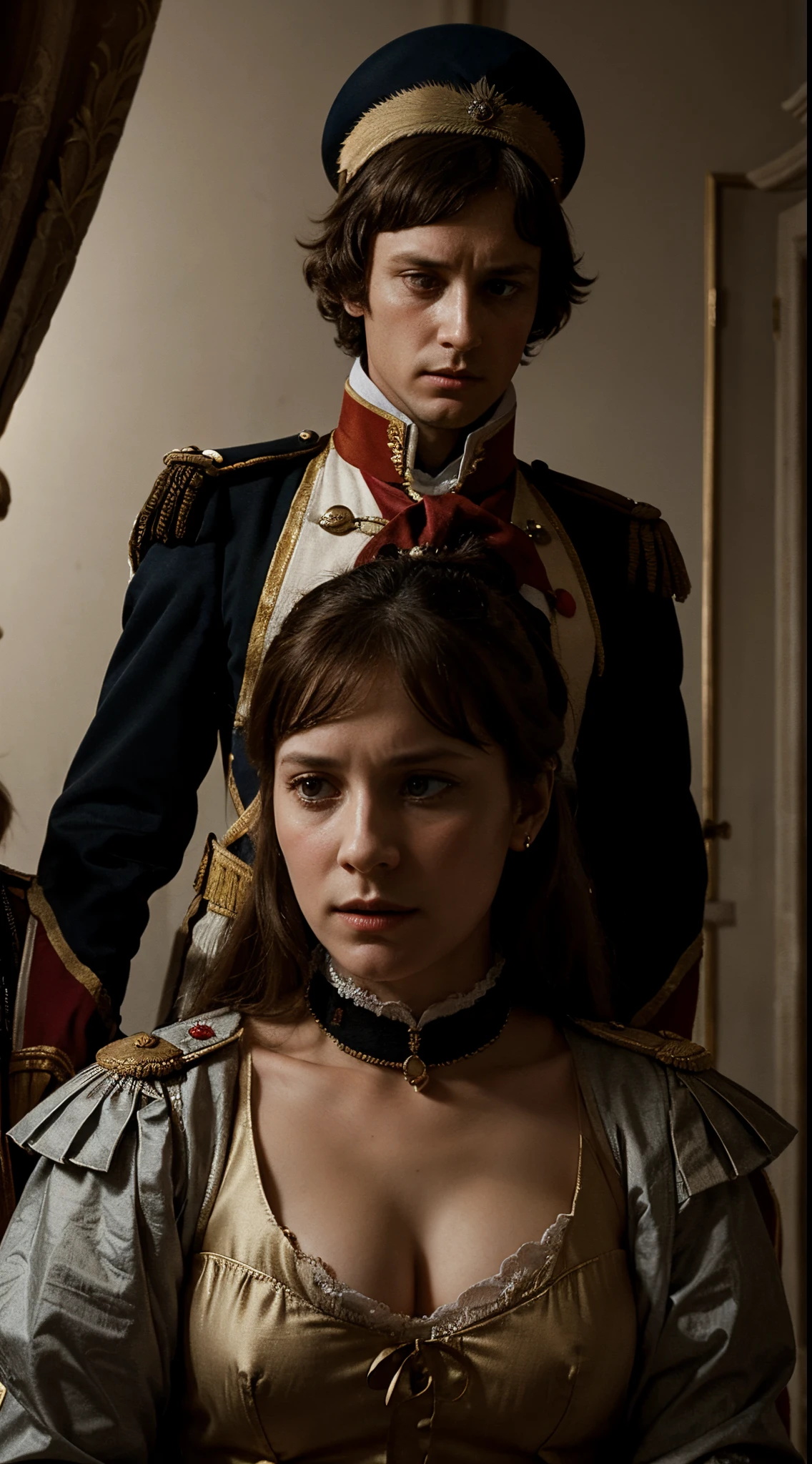 Generate an image portraying the conflicting emotions of Napoleon upon discovering Josephine's affair with a hussar lieutenant, showcasing the tension within their relationship