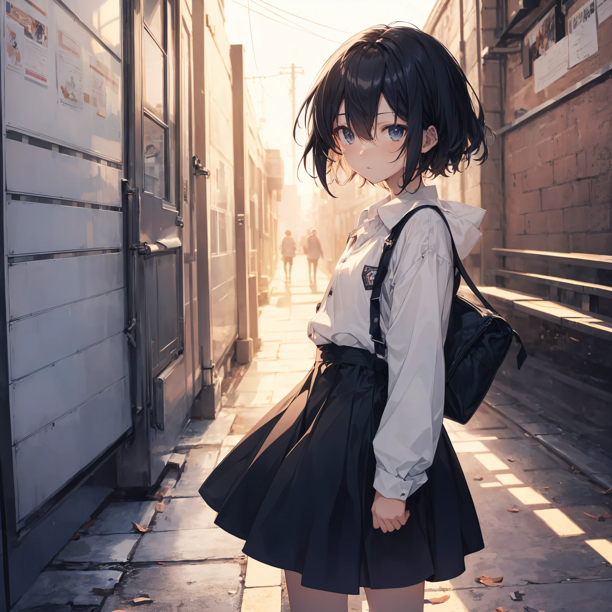 best god quality, Ultra-detailed, anime moe art style,Best Anime 8K Konachan Wallpapers,Pixiv Contest Winner,Perfect Anatomy, (Draw a girl sleepily walking to school. ),BREAK, 1girl is a cool beautiful girl, (Solo,Lori,child,13years:1.3),a junior high school student, Androgynous attraction, (Very short hair), hair messy,Forehead, Full limbs, complete fingers,flat chest, Small butt, groin, Small eyes,Beautiful detailed black eyes,Well-proportioned iris and pupils,disgusted eye, School uniform, Skirt,On the way to school. BREAK,High resolution,super detailed skin, Best lighting by professional AI, 8K Illustration,