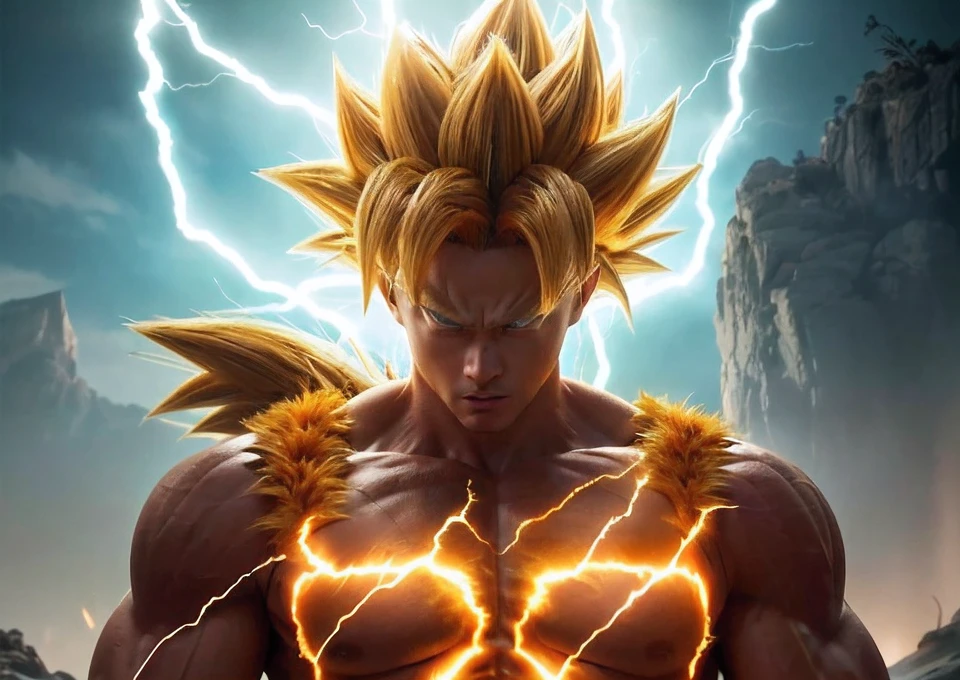 Close-up of a man struck in the chest by lightning, Super Saiyan, Goku is a real human, super saiyan goku, Super Saiyan 3, Super Saiyan, Go Super Saiyan, broly, highly detailed portrait of goku, super saiyan goku, badass anime 8 k, 4K fierce expression, Gogeta, goku from dragon ball