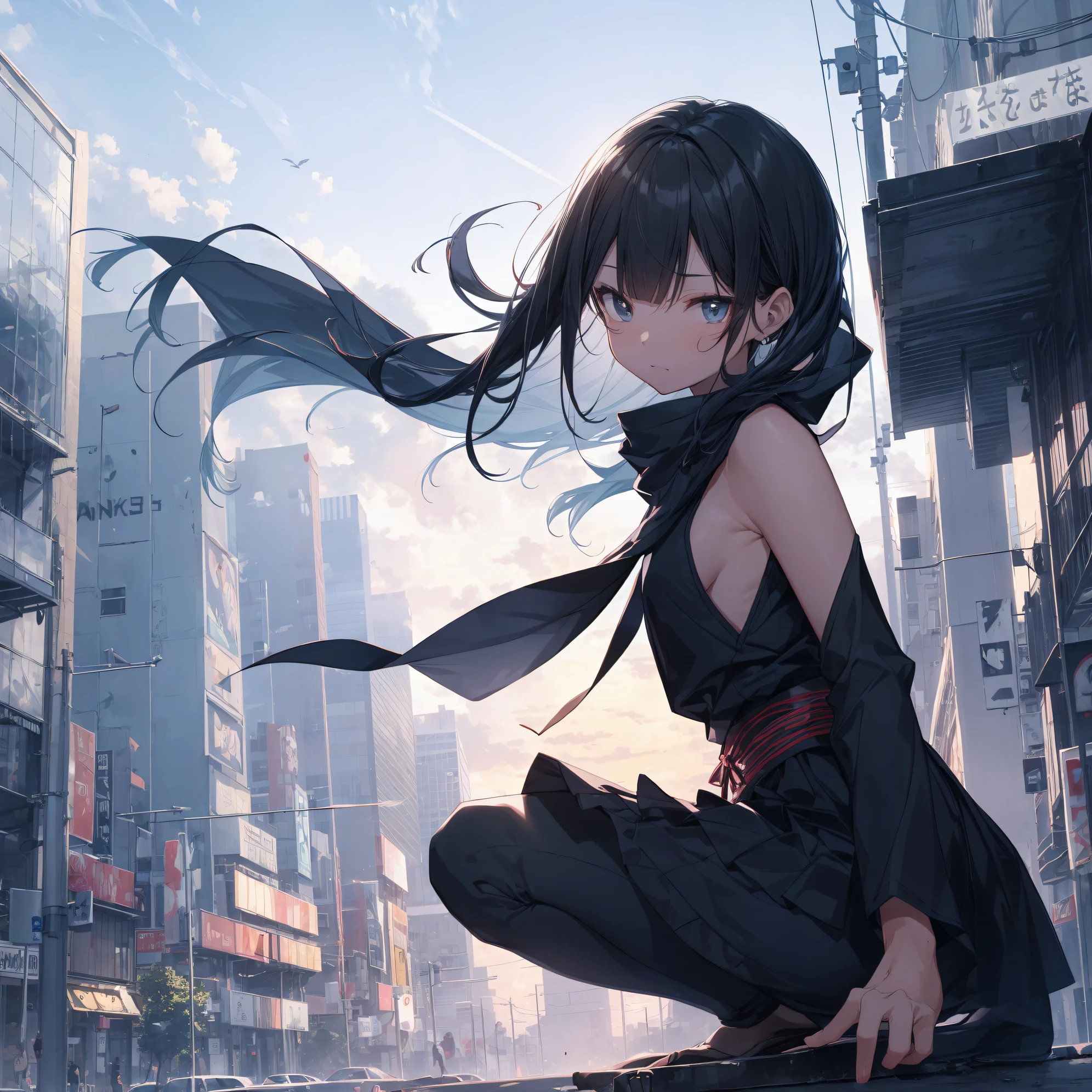 What is a ninja?、... It's cool and... quick.！Best Ninja quality, anime moe art style,Best Anime 8K Konachan Wallpapers,Badass Anime 8K,Perfect Anatomy, (Please draw a picture of a ninja girl squatting down and looking down on the city from the rooftop.), BREAK, Hello...1girl is a ninja, (Solo,Lori,child,12year old:1.3), Androgynous attraction, (Very short hair, Blunt bangs), Full limbs, complete fingers,flat chest, Small butt, groin, Finely detailed 8K beautiful black eyes, (Sleeveless half jacket),Obi,ninja hakama, Ninja scarf fluttering in the wind,BREAK,i&#39;i am on an important mission.。Ultra-detailed,High resolution,super detailed skin, Best writing by professional Aoppai, Illustration,