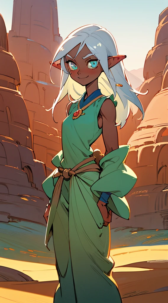 (beste-Qualit, tmasterpiece), Elf Girl, dark-skin, Cyan eyes, desert, hiquality, the anime, baggy trousers , open waist, Medium white hair, perky smile, dnd, adventures, Long elven ears, Oriental Fairy Tale (Masterpiece:1.2), (illustartion:0.8),  perfect  lighting, Extremely detailed, (perfect arms, perfect anatomy), anatomically correct, Masterpiece,