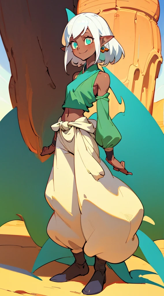 (beste-Qualit, tmasterpiece), Elf Girl, dark-skin, Cyan eyes, desert, hiquality, the anime, baggy trousers , open waist, Medium white hair, perky smile, dnd, adventures, Long elven ears, Oriental Fairy Tale (Masterpiece:1.2), (illustartion:0.8), perfect lighting, Extremely detailed, (perfect arms, perfect anatomy), anatomically correct, Masterpiece,