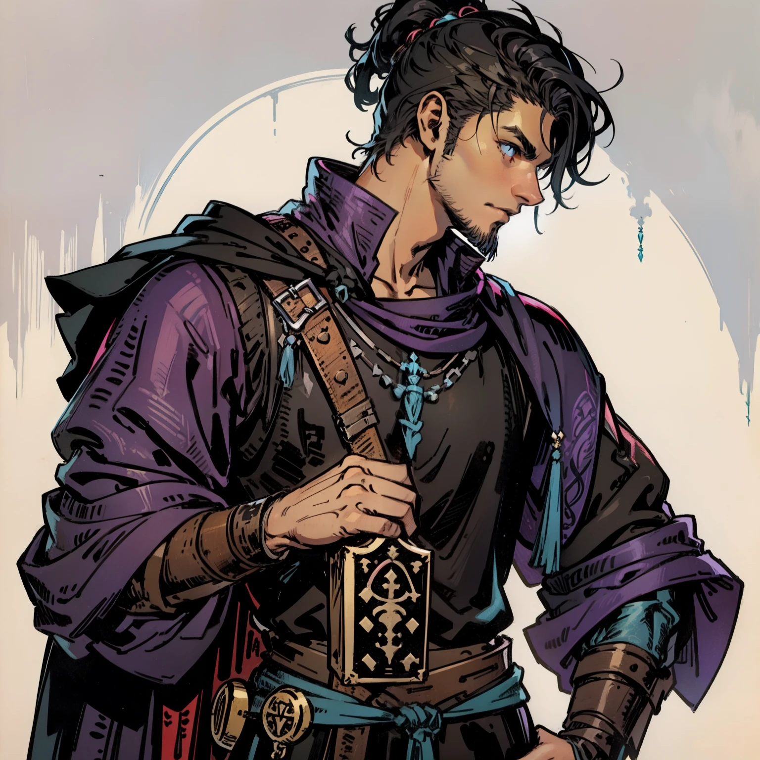 RPG, medieval fantasy illustration, jovem esbelto, humano macho, cabelos preto, olhos sedutor negros, roupas medievais de tom purpura, com garrafa de vidro de vinho , sedutor