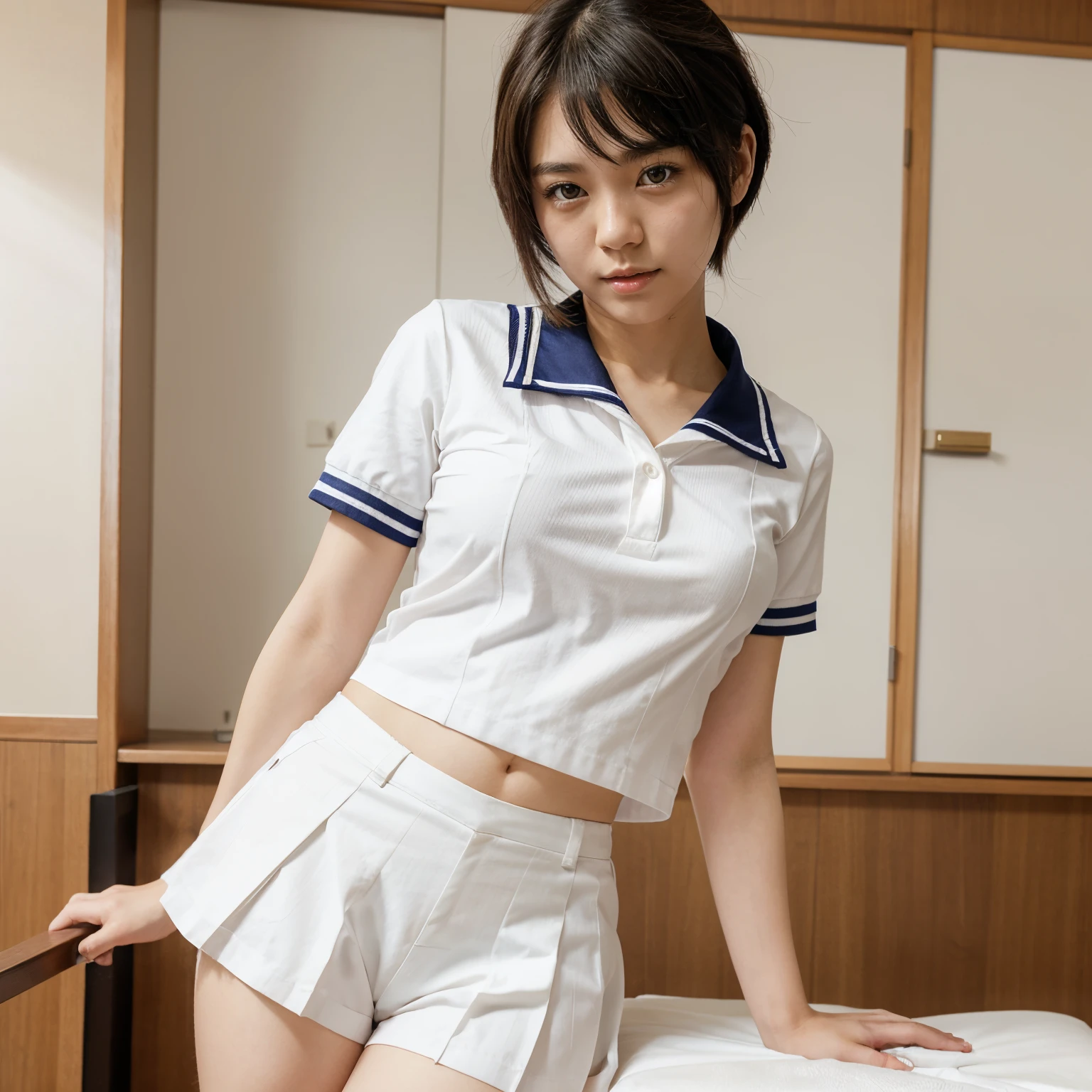 Wolf cut hair, Japanese girl, a white sailor-style school uniform, short sleeve, white panty