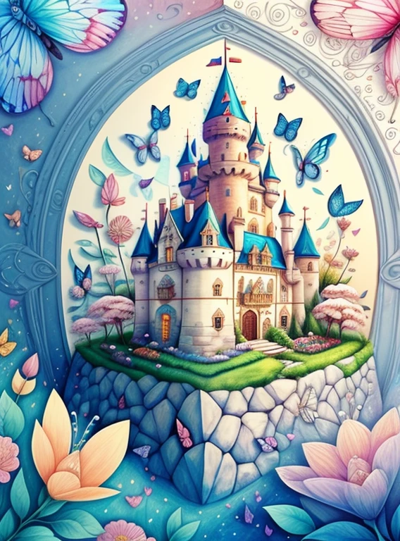 (cute castle with flowers and butterflies), Munchkin ,Geometric multidimensional wall portrait, livro de arte, Tchibi,
Yang08k, Beautiful, Colouring,
Obras, of the highest quality, best quality, Arte Oficial, Beautiful and Aesthetic,