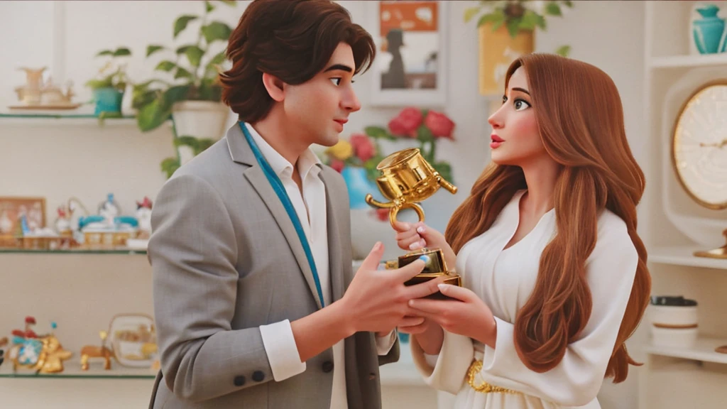 Highly detailed, best quality, masterpiece, Disney, 8k of a woman and a man in front of each other holding a gramaphone together at the same moment * make them holding a gramaphone