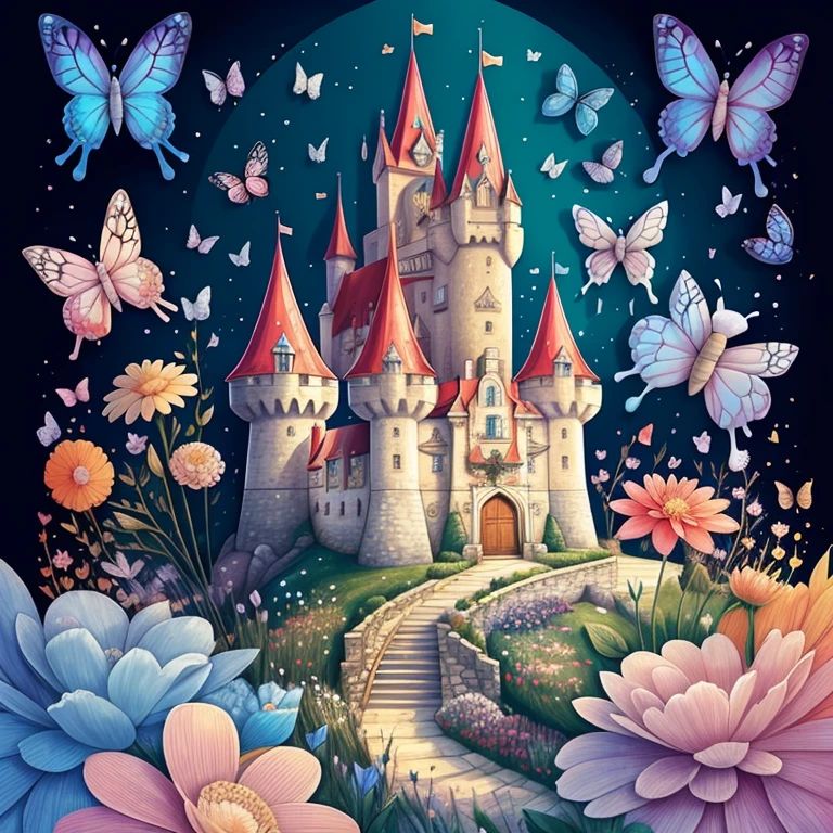 (cute castle with flowers and butterflies), Munchkin ,Geometric multidimensional wall portrait, livro de arte, Tchibi,
Yang08k, Beautiful, Colouring,
Obras, of the highest quality, best quality, Arte Oficial, Beautiful and Aesthetic,