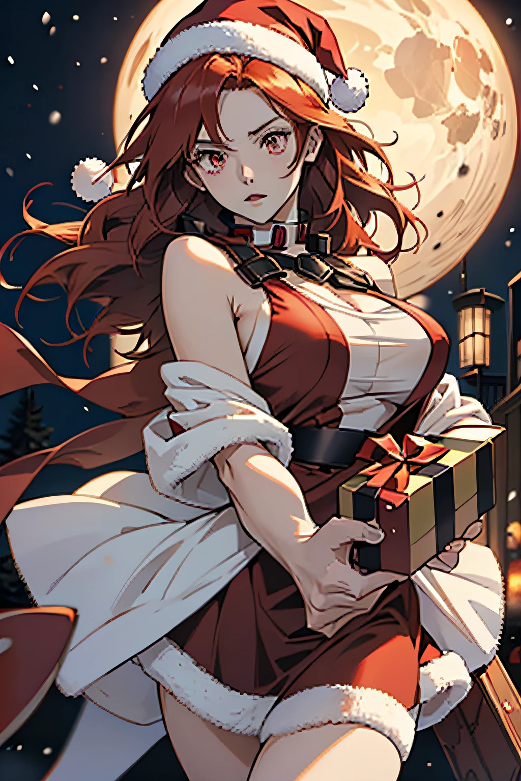 "Anime Girl, 1 person, Bright red hair, shoulder length hair, darkred eyes, santa hat, santa tube costume, Red dress, Big breasts, Discreet, Stockings, have a christmas gift box, Birth of Christmas gift box, snowfall, Solo, Front view, (full hd 4k+ Photo)"