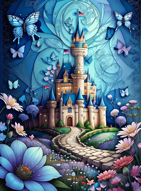 (cute castle with flowers and butterflies), Munchkin ,Geometric multidimensional wall portrait, livro de arte, Tchibi,
Yang08k, Beautiful, Colouring,
Obras, of the highest quality, best quality, Arte Oficial, Beautiful and Aesthetic,