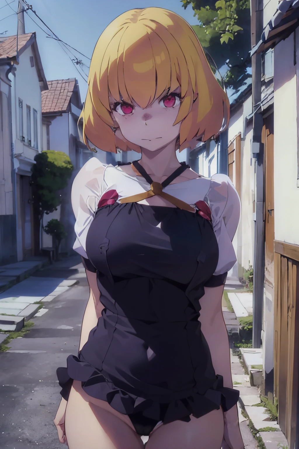 1girl, corpo perfeito, rosto bonito, roupa de banho, Vestido de cruz, rua, Casas, bswimsuit, detailed cenary, Perfect setting, fundo perfeito, master part, Focus behind, Arte Digital