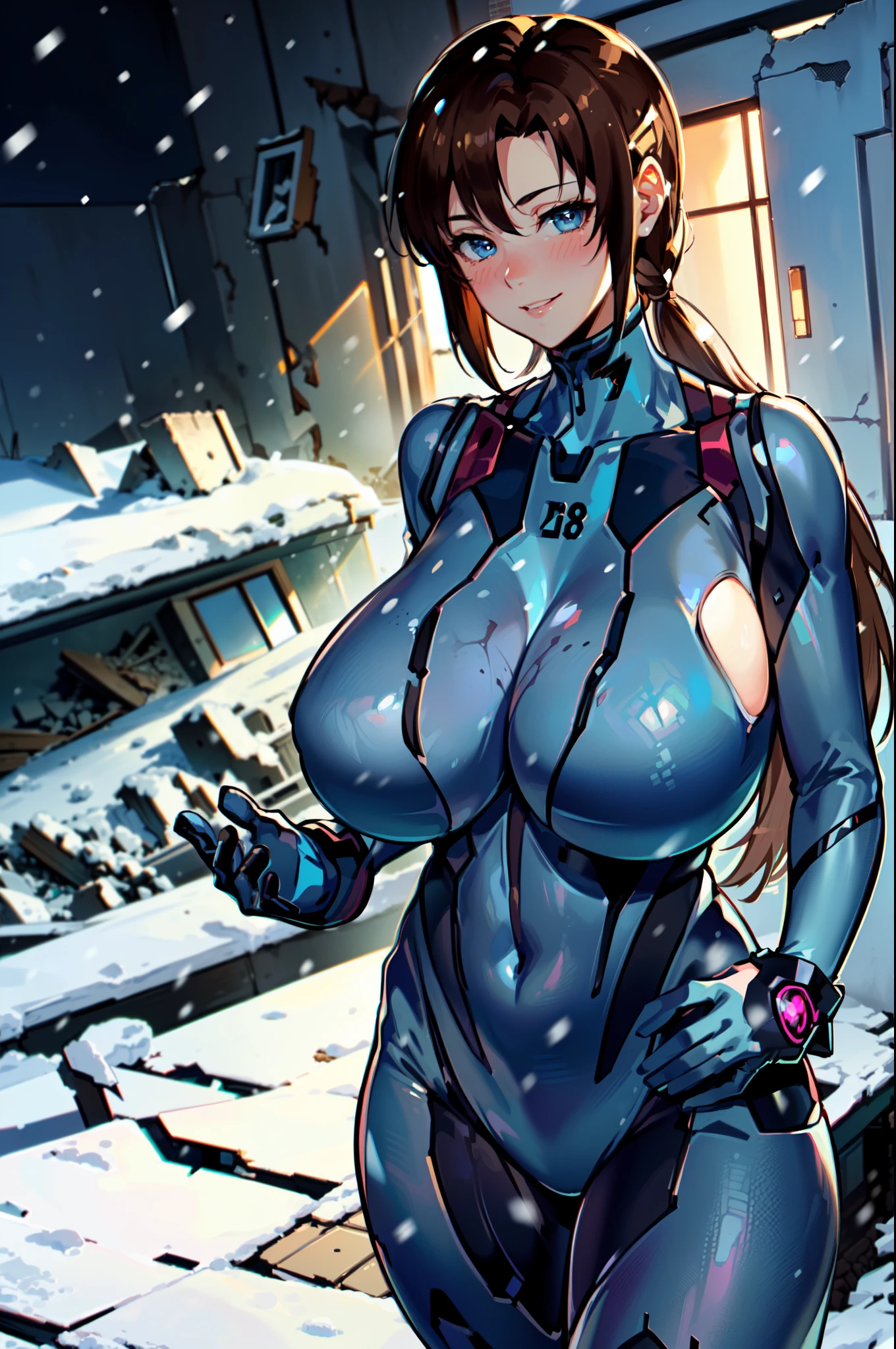 masterpiece, best quality, extremely detailed, 1girl, solo, makinami mari illustrious, (huge :1.6), (((brown hair, long hair, blue eyes))), parted lips, (((zero suit, blue gloves))), ((blush, naughty smile), closed mouth), ((hands on own hips, destroyed buildings, winter, snowing))